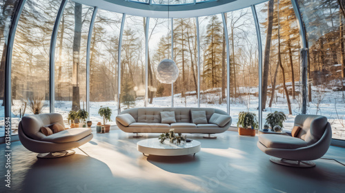 Sunroom of a beautiful futuristic design. AI Generated.