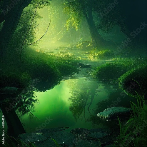 a fantastic haze calm forest with a fantastic lake surface, in a fantasy world, in a beautiful fantasy world, in a calm green abstract elegant modern illustrationby AI generated.