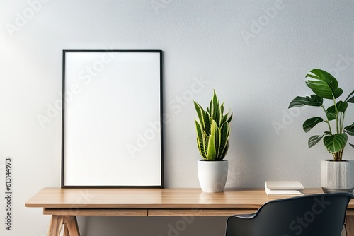 Mock up frame close up in home interior background  potted flowers on table