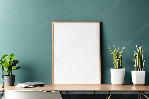 Empty frame mockup in modern minimalist interior with trendy potted plant