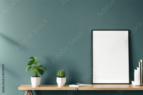 Empty frame mockup in modern minimalist interior with trendy potted plant