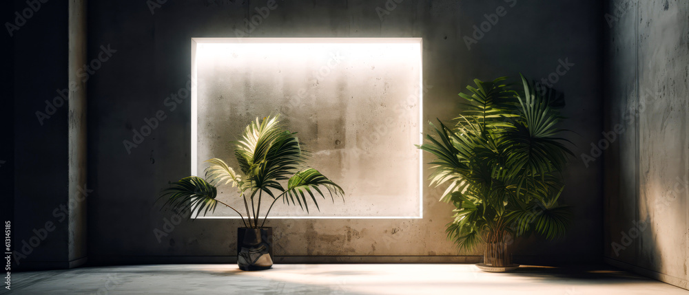 Loft, modern interior mockup with empty frame on concrete textured wall with tropical plants on the floor. Luxury hotel resort background for bathroom. Vacation template. Minimalism. Generative ai. Loft, modern interior mockup with empty frame on concrete textured wall with tropical plants on the floor. Luxury hotel resort background for bathroom. Vacation template. Minimalism. Generative ai.