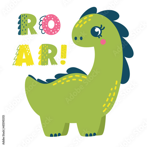 Vector children's illustration. Cute brachiosaurus and the inscription ROAR. Print for children's products. Vector illustration