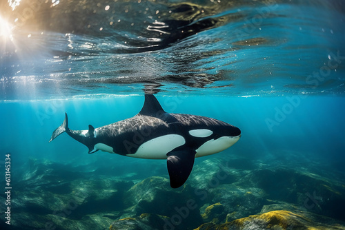 Hyper realistic under water photograph of an orca. AI generative