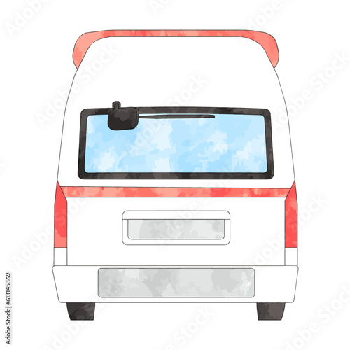 リアルな救急車の後ろ向き水彩イラスト