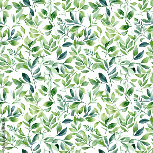 Watercolor seamless pattern with many green leaves on white background. Generative AI.