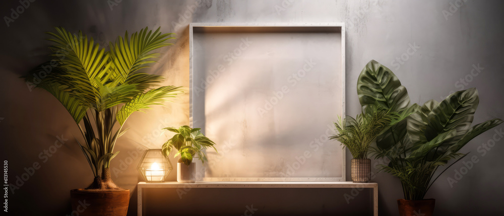 Loft, modern interior mockup with empty frame on concrete textured wall with tropical plants on the floor. Luxury hotel resort background for bathroom. Vacation template. Minimalism. Generative ai. Loft, modern interior mockup with empty frame on concrete textured wall with tropical plants on the floor. Luxury hotel resort background for bathroom. Vacation template. Minimalism. Generative ai.