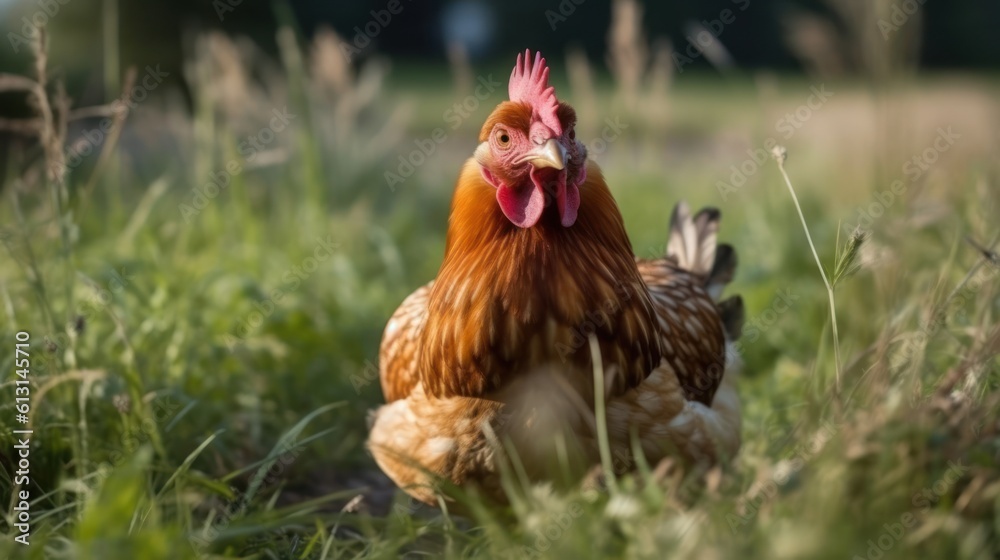 Fototapeta premium Hen walks in the summer among the green grass. Generative AI