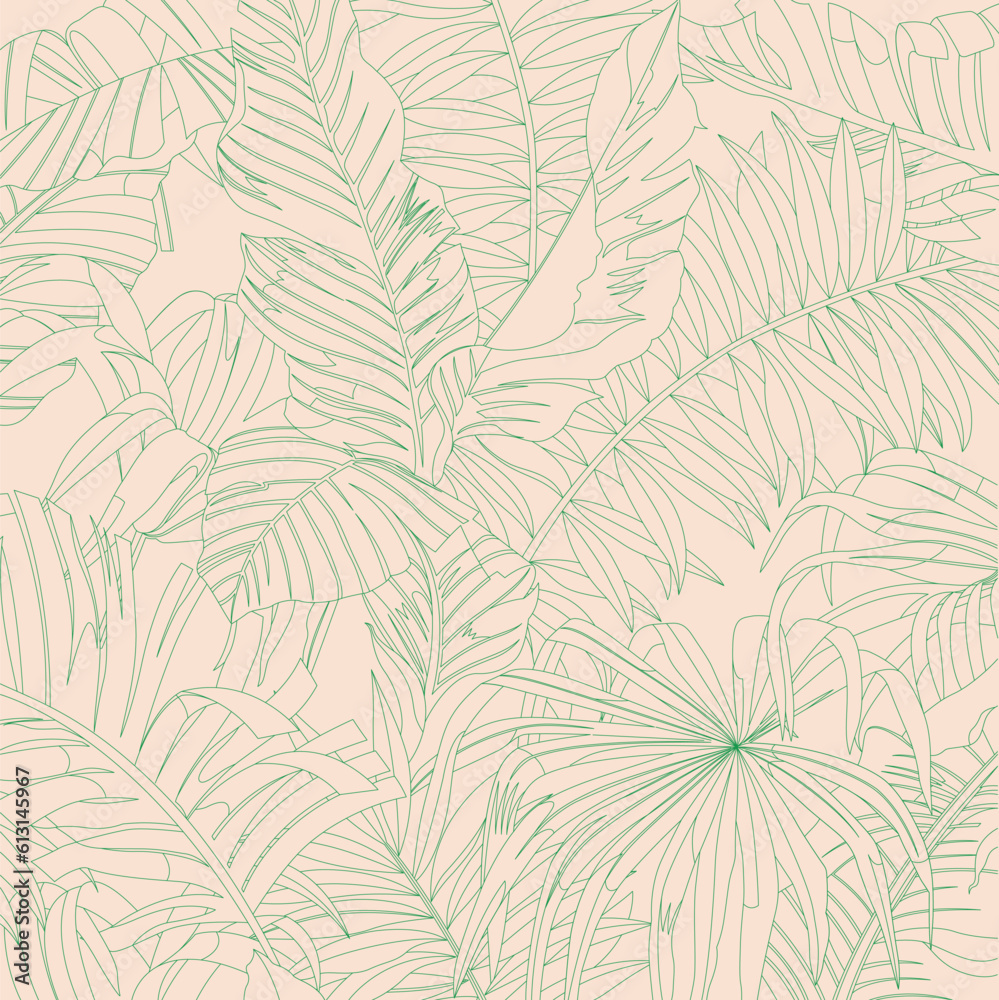 Dark green lines color of tropical leaves and plants on light green background, flat line vector and illustration.