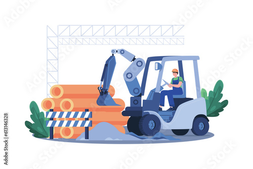 Construction worker clears site with heavy machinery.