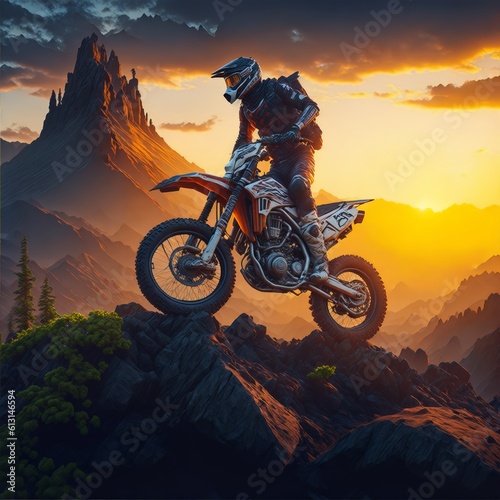 Motocross (Enduro) Bike Rider in the Mountains. Navigating a Challenging Trails with Adventure Motorbike.