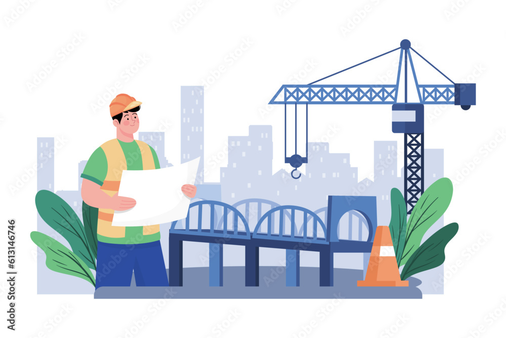 Naklejka premium Contractor oversees bridge construction over river.