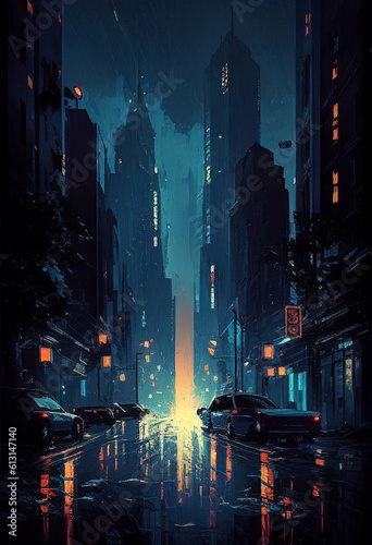 Oil painting of night city. AI Generated