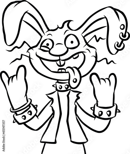 Illustration Cartoon von einem rebellischen Hardrock Hasen mit Pearcing und Nieten, der wild die Zunge herausstreckt und das Heavy Metal Handzeichen macht