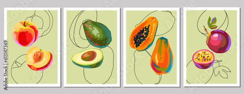 Collection of rectangular posters with fruits. Passion fruit, peach, papaya and avocado on olive. Bright fruits in cartoon style and doodles. Hand drawn. Vector for wall art, label, postcard, cover.