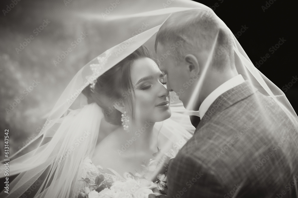 Groom and bride in the park. Autumn wedding in the forest. Happy wedding, loving couple tender touches under the veil. Stylish and beautiful. Princess dress with a long train. Black and white photo Groom and bride in the park. Autumn wedding in the forest. Happy wedding, loving couple tender touches under the veil. Stylish and beautiful. Princess dress with a long train. Black and white photo