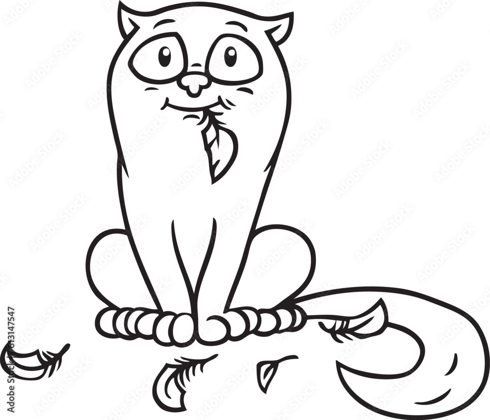 Witzige Cartoon Illustration von einer Katze, die unschuldig und lieb lächelnd da sitzt, während mehrere Federn eines Vogels sie als Jägerin entlarven