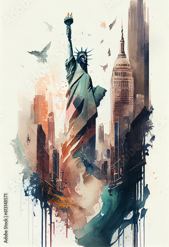 New York  Statue of Liberty  Empire State Building  watercolor artwork. AI generated