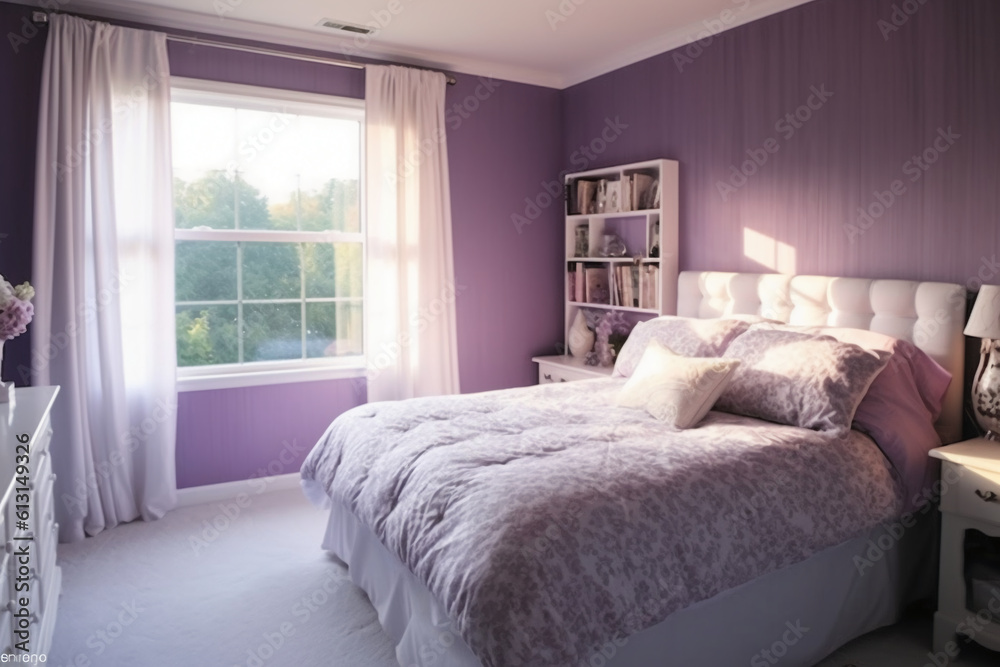 Purple walls and purple accents in a bedroom. AI generative