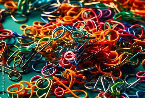 a pile of colorful paperclips and pins