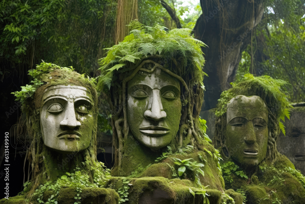 Three stone heads with plants growing on them Three stone heads with plants growing on them