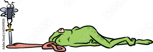 Witziger Cartoon von einer kleiner Fliege als heldenhafter Ritter, die triumphierend mit dem Schwert neben einem besiegten Frosch steht