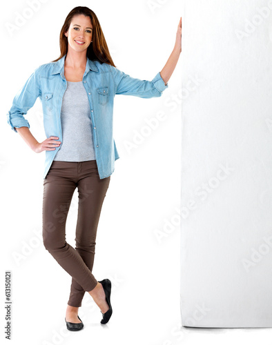 Foto Portrait, wall and woman leaning with fashion or casual clothes isolated in a transparent or png background with a smile