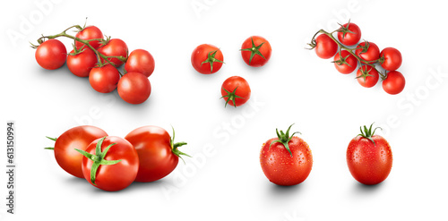 A collection of fresh juicy red ripe tomatoes on and off the vine isolated against a transparent background