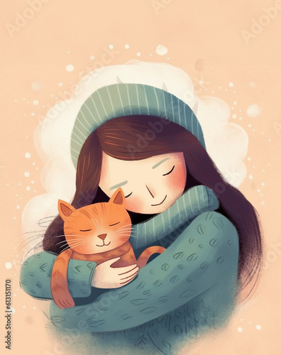 A girl is happily holding her lovely cat.Illustration for international cat day
