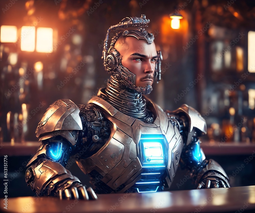 cyborg robot bartender at the bar, generative AI