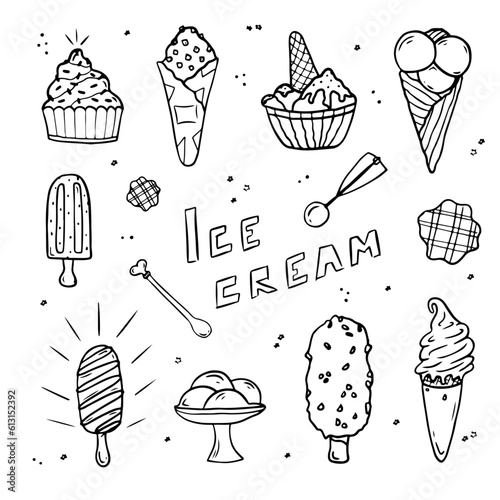 Doodle ice cream set. Different types of hand drawn ice cream: waffle cone, eskimo, in a bowl, popsicle, sundae. Best using for cafe, menu, design, birthday