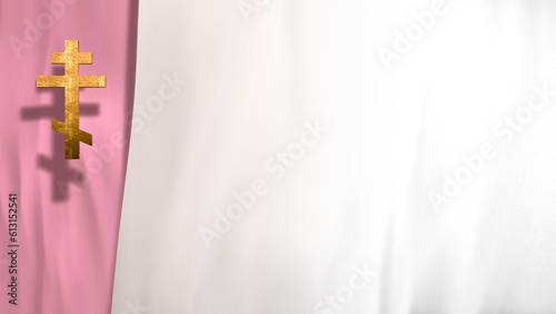 Liturgic rose white velvet, golden Christian Russian Orthodox Cross. 3D illustration copy space loop background for worship live stream church sermon. Concept of Advent, Gaudete, and Laetare Sunday.