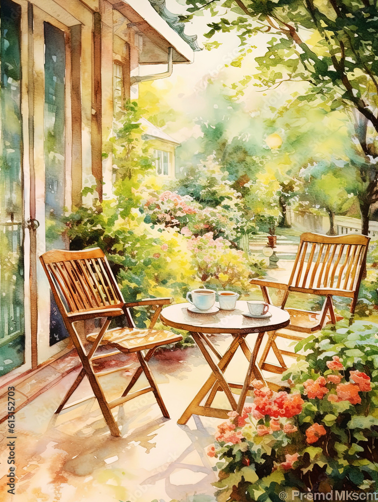 Watercolor illustration cozy, picturesque, beautiful spot in the garden on the terrace with a table and chairs. AI generated