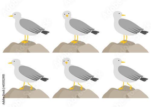 岩に止まるカモメのイラストのセット_横向き
