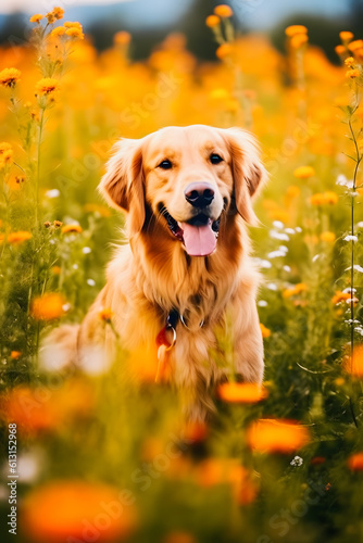 Floral Delight: Adorable Golden Retriever Surrounded by Colorful Blooms