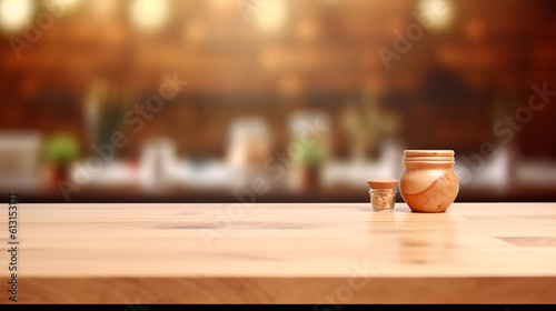 Wooden tabletop with blurred kitchen background  Wooden table with blurred kitchen room background