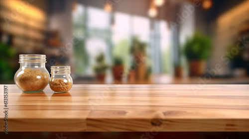 Wooden tabletop with blurred kitchen background  Wooden table with blurred kitchen room background