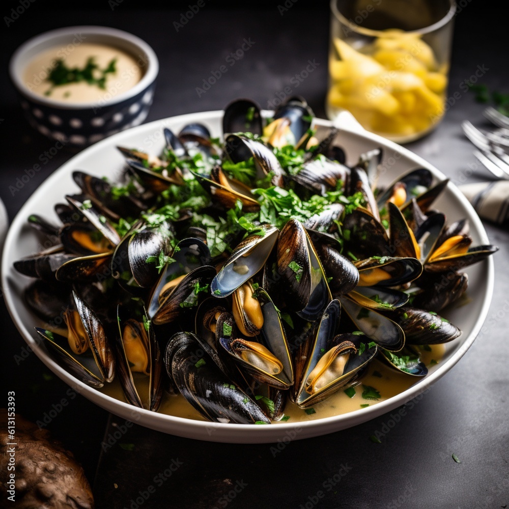 Belgium Moules-frites (Mussels and Fries) in a Lively Seafood Market Scene Belgium Moules-frites (Mussels and Fries) in a Lively Seafood Market Scene
