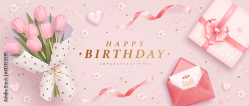 Happy birthday horizontal banner with realistic bouquet of tulips, gift box and envelope on pink background. 3d realistic style. Vector illustration