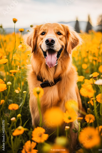 Golden Retriever in Field of Flowers: Captivating Nature Photography