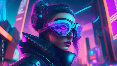 Digital avatar against a neon-lit cityscape in the metaverse Generative AI