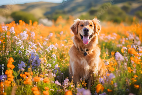 Golden Retriever in Field of Flowers: Captivating Nature Photography