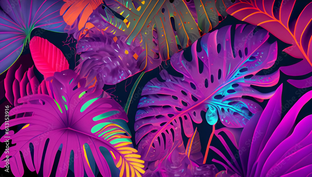 custom made wallpaper toronto digitalbackground with leaves, Creative fluorescent colors layout made of tropical leaf,  art, design, floral, illustration, vector, nature, color, spring, AI generated	 