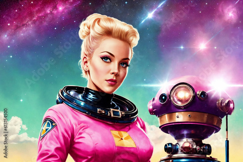 Portrait of a beautiful woman as an astronaut, space theme in the retro futurism style of the 60s. Generative AI. photo