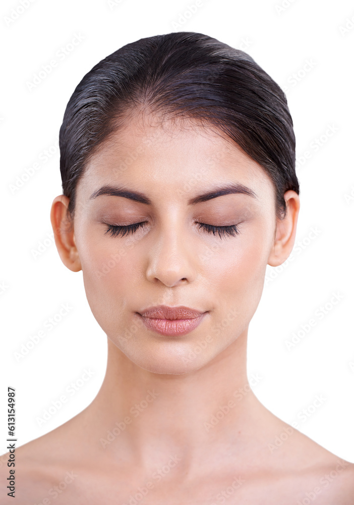 Skin makeup, face and a woman with eyeshadow for beauty, glam aand cosmetic care. Serious, skincare and a young model or cosmetics girl with facial product isolated on a transparent png background