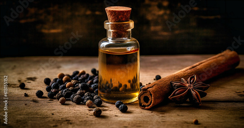 an essential oil and some spices is on a piece of wood