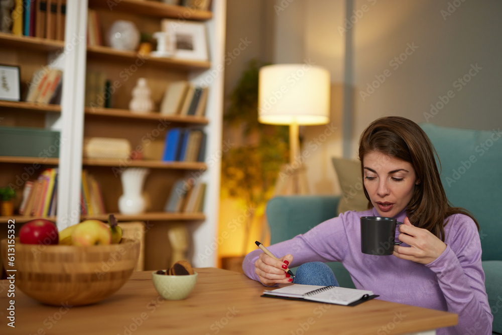 Pretty young woman sitting in cozy living room and making notes to her diary Pretty young woman sitting in cozy living room and making notes to her diary