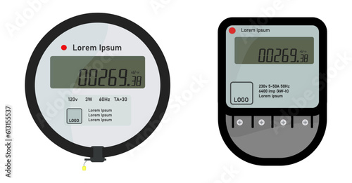 Electric Meter. Counter box with display for measure consumption of electrician, water and gas. Equipment for home. Machine for control and economize energy. Data panel. Vector.