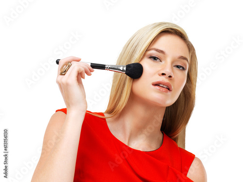 Makeup, brush stroke and portrait of woman with cosmetics, product or blush on cheek or transparent, isolated and png background. Girl, face and cosmetic make up for beauty, prom or powder on model