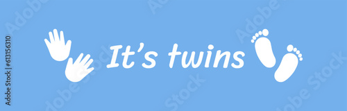 Baby footsteps of hand and leg. Newborn  twins.It's a boy. Twin icon. Heart frame shape. Vector illustration